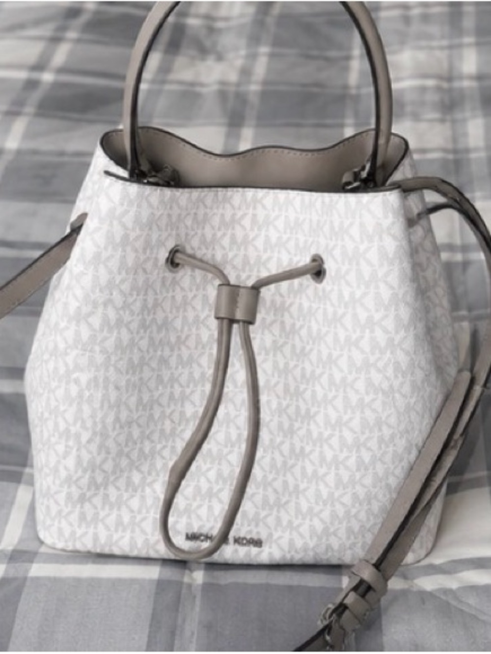 Michael Kors White & gray Monogram Drawstring Bucket Crossbody